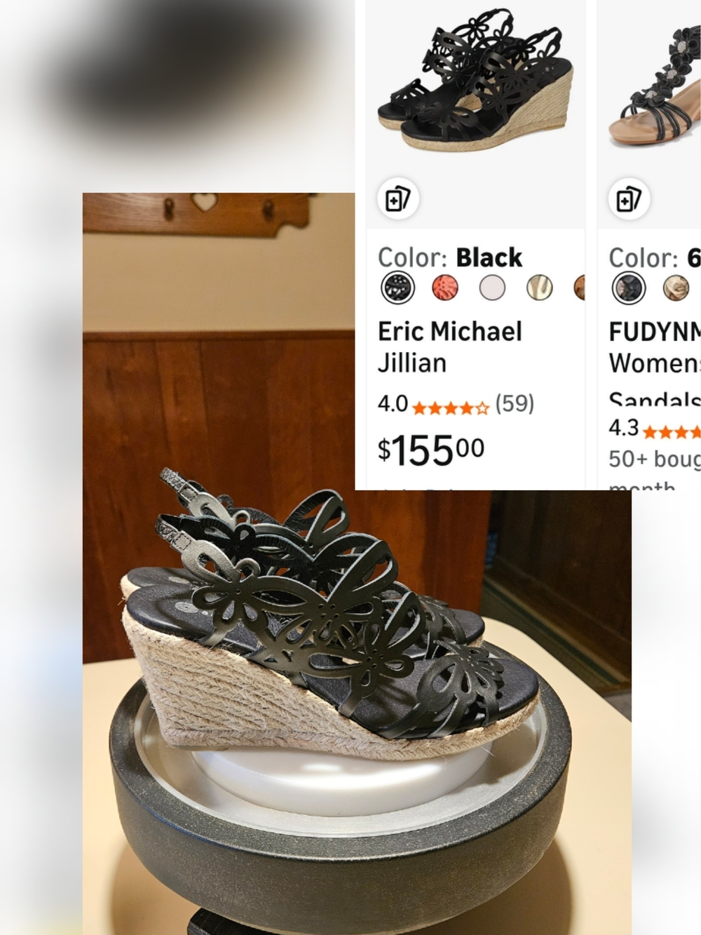 Eric Michael Black Floral Laser-Cut Espadrille Wedge Sandals